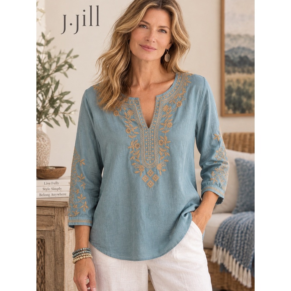J. Jill Blue Embroidered Cotton Tunic Top Split V-Neck Boho Long Sleeve 2X